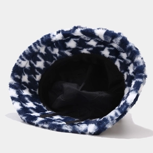 Thick plush bucket hat with blue and white houndstooth pattern for winter warmth