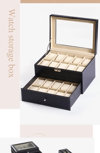 Detail der 20er Doppelstock-Uhrenbox aus schwarzem Leder mit transparentem Glasdeckel