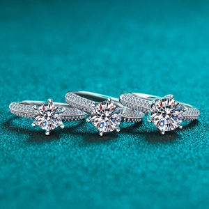 Classic S925 sterling silver ring with six-prong moissanite and micro-pave band stones