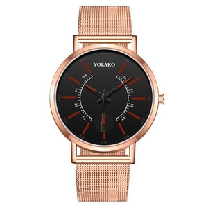 YOLAKO men's quartz watch with black dial and rose gold stainless steel mesh strap