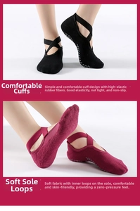Detail of high-elasticity cuffs and cushioned terry sole on non-slip yoga socks