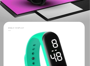 Detailed angle display of a green waterproof digital sports watch with LED screen