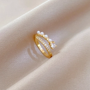 Double Layer Open Adjustable Ring With Zircons And Imitation Artificial Pearls Gold Plated Copper Fashion Jewelry For Women