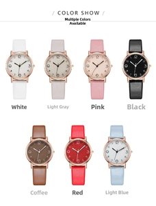 Detail view of quartz watches in seven colors with glitter dials and leather straps