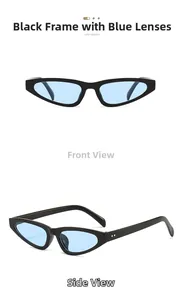Front and side views of black cat-eye sunglasses with blue lenses and silver studs