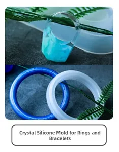 Detail showing DIY silicone molds with blue resin ring and bracelets on stone surface