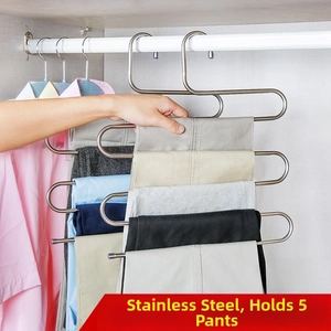 Macro detail of a 5-tier stainless steel S-type pants hanger showing closet storage