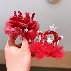 Red princess crown hair clips for girls with sequins, mesh lace, and pearls