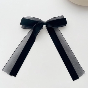 Elegant French vintage black velvet bow hair clip with sheer organza ribbon streamers