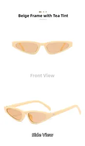 Detailed view of beige cat-eye sunglasses with brown lenses and thick studded temples