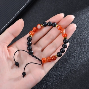 8mm frosted black stone and amethyst beaded bracelet with adjustable woven cord