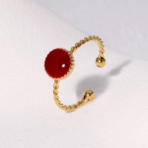 18K gold plated stainless steel rope ring with red round enamel detail in a minimalist design