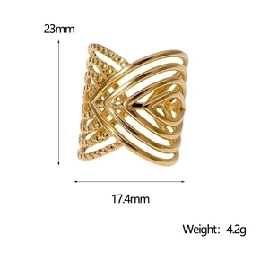 Detailed size specifications for a geometric open gold-plated stainless steel ring