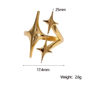 Detail view of gold starburst ring with dimensions showing 25mm height and 17.4mm width