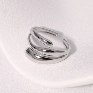 Minimalist silver multilayer interwoven open ring for women in polished stainless steel