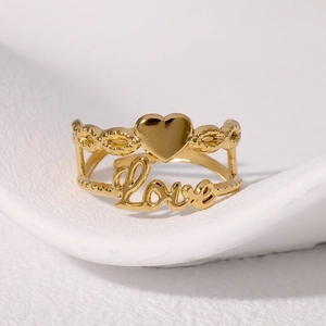 Polished gold double-layer stainless steel heart ring with Love lettering