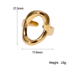 Detailed size chart of an 18K gold plated oval stainless steel ring with dimensions and weight