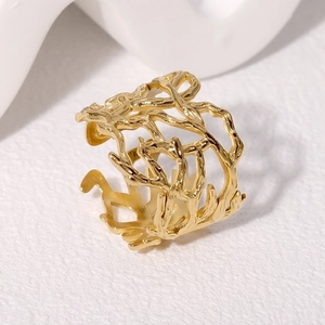 Irregular hollow golden stainless steel wide ring with organic coral branch design