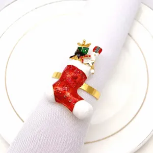 Christmas stocking napkin ring detail, metal holiday table decor close-up view accessory