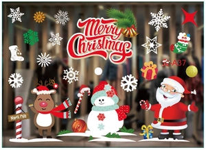 Detail of Christmas window stickers featuring Santa, snowman, reindeer and snowflakes