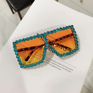 Chic oversized square sunglasses with blue rhinestones and orange gradient lenses