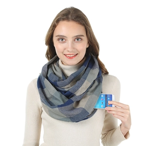 Detail of blue and grey plaid cashmere-like scarf with functional pocket for phone