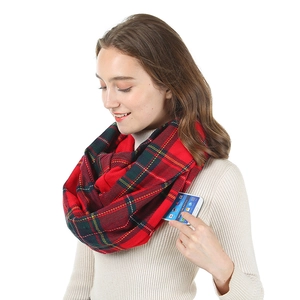 Detail of red plaid neck gaiter featuring a functional hidden pocket for smartphone storage