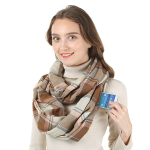 Close-up of infinity scarf with plaid pattern showing a functional hidden phone pocket