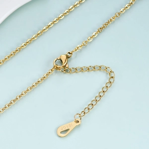 Close-up of 18KGP lobster clasp and teardrop tag on a gold stainless steel necklace