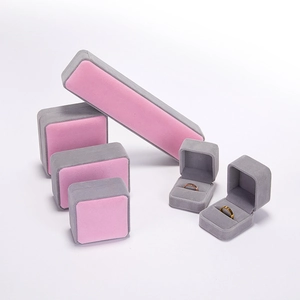 Pink and grey velvet jewelry box set for necklaces, rings and earrings with bow tie detail