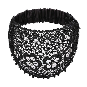Elegant black lace wide headband with delicate white pearls and sparkling rhinestones