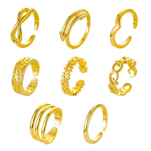 8-piece set of gold carved open toe rings featuring infinity and heart designs
