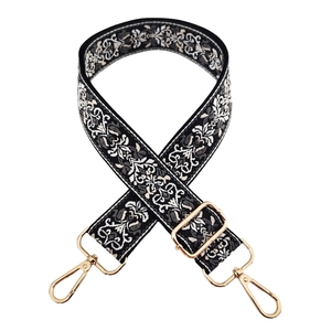 3.8cm wide jacquard embroidery bag strap with white floral pattern and gold metal buckles