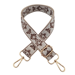 Wide 3.8cm beige jacquard embroidered bag strap with brown pattern and gold hooks