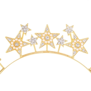 Golden pentagram tiara headpiece with white pearls and sparkling rhinestones for parties