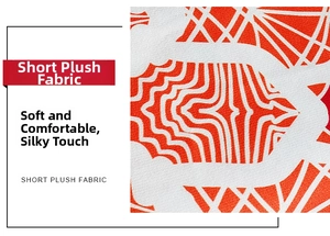 Close-up of soft short plush fabric texture featuring orange and white patterns