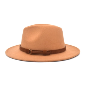 Close-up of tan wool fedora hat featuring a brown leather band and gold metal ring buckle