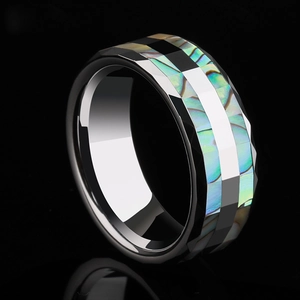 Detail of tungsten ring featuring dual-groove facets and colorful abalone shell inlay