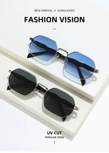 Detail view of silver metal polygon sunglasses with blue gradient and black lenses