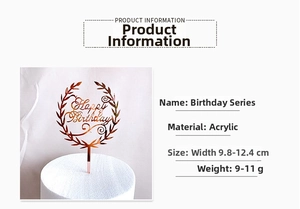 Rose gold acrylic Happy Birthday cake topper with leaf wreath design and size details