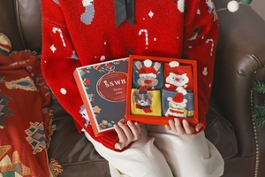 Christmas gift box containing four pairs of fuzzy socks with festive cartoon holiday patterns