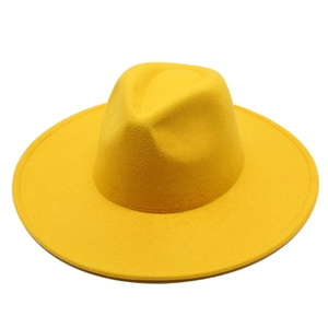 Classic bright yellow wool fedora hat with wide flat brim for men and women