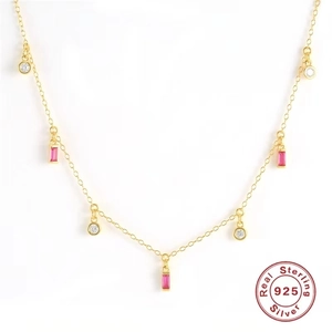 S925 sterling silver necklace with pink rectangular crystal and gold plated fine chain