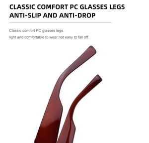 Detail of red cat eye sunglasses temple featuring ergonomic anti-slip PC material