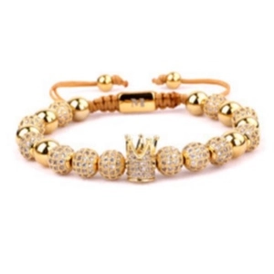 Luxury gold beaded crown bracelet with micro-pave zircons and brown braided cord