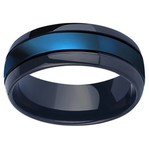 Polished black and blue tungsten steel ring for men with a minimalist beveled edge design
