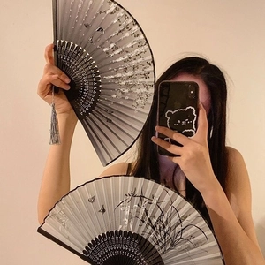 Detail of traditional Chinese folding fans with ink painting butterfly and orchid patterns