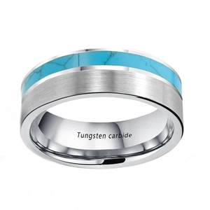 Men's tungsten carbide ring with turquoise inlay and brushed silver-grey finish