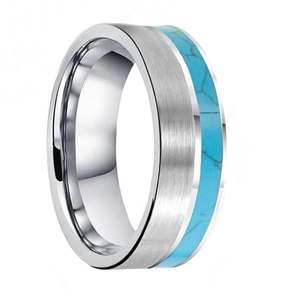 Brushed silver tungsten steel ring for men with turquoise inlay and polished inner edge