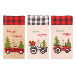 Three-pack buffalo plaid Christmas wine bottle covers with festive tractor embroidery